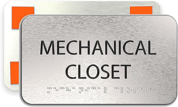 ADASigns Mechanical Closet Sign 7" W x 4" H - Durable Brushed Aluminum with Grade 2 Braille - Easy Installation with Strong Double-Sided Tape - ADA Compliant Office Door Signs for Businesses & Offices