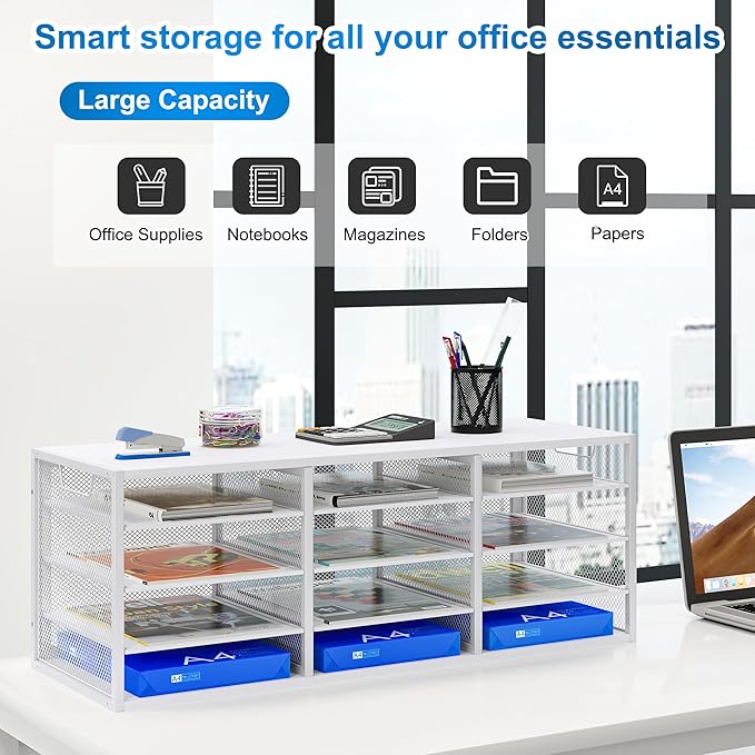 Mail Sorter Adjustable Countertop Mail Holder, Heavy Duty Literature Organizer, Student Mailbox for Classroom, Desktop Bill Paper Organizer for Office Home School, 12 Compartments, White