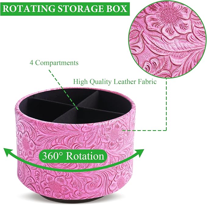 lizimandu Round Leather Art Supply Organizer,Remote Control Holder,360 Degree Spinning,Multi-Functional Pencil Holder,4 Compartments Desktop Stationary Organizer(1-Carved Red2)