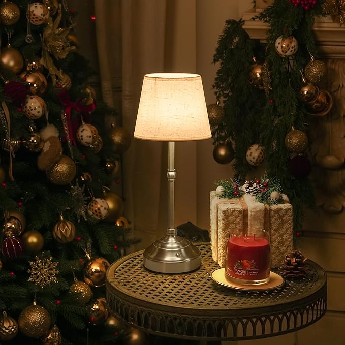 2 Pack Cordless Table Lamp, Rechargeable Desk Lamp with Fabric Shade, Battery Operated Lamp 3 Color Stepless Dimming, Small Touch Bedside Lamp Home Decor for Dining, Counter (Brushed Sliver)