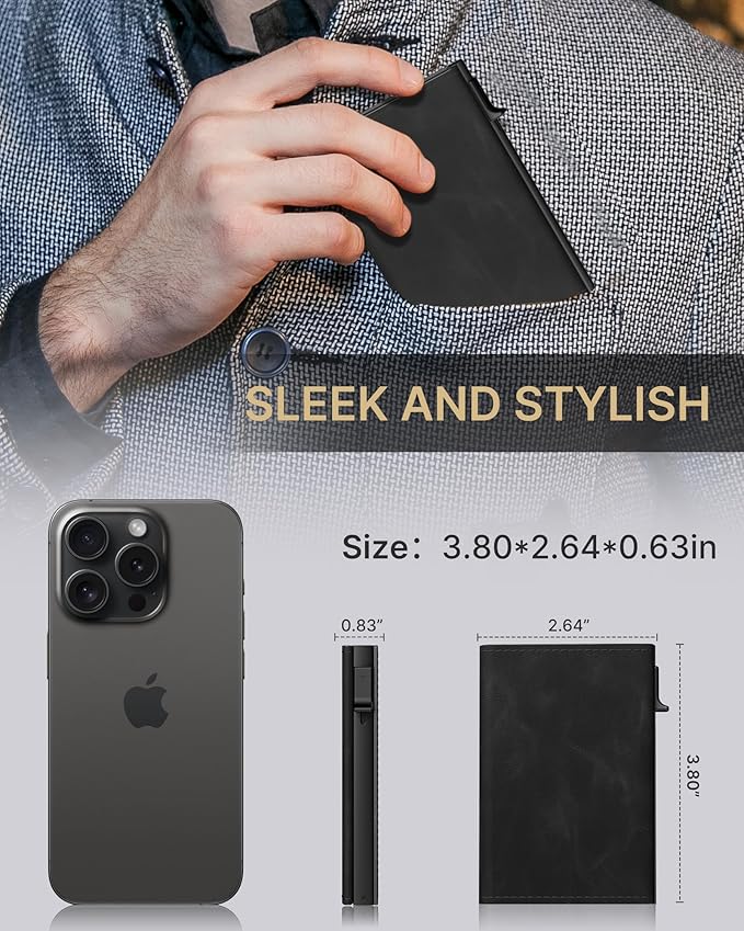 typecase Mens Wallet Card Holder: Pop Up Aluminum Case, Genuine Leather, Smart, RFID Blocking, Slim, Minimalist, Front Pocket - 9-14 Card Capacity | ID Window | Cash Slot - Oil Wax Black