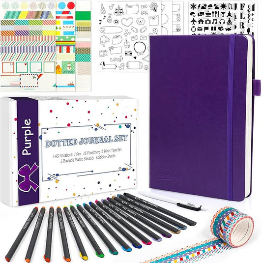 feela Dotted Journal Kit, Dot Grid Journal Hardcover Planner Notebook Set For Beginners Women Girls Note Taking with Journaling Supplies Stencils Stickers Pens Accessories, A5, 224 Pages, Purple