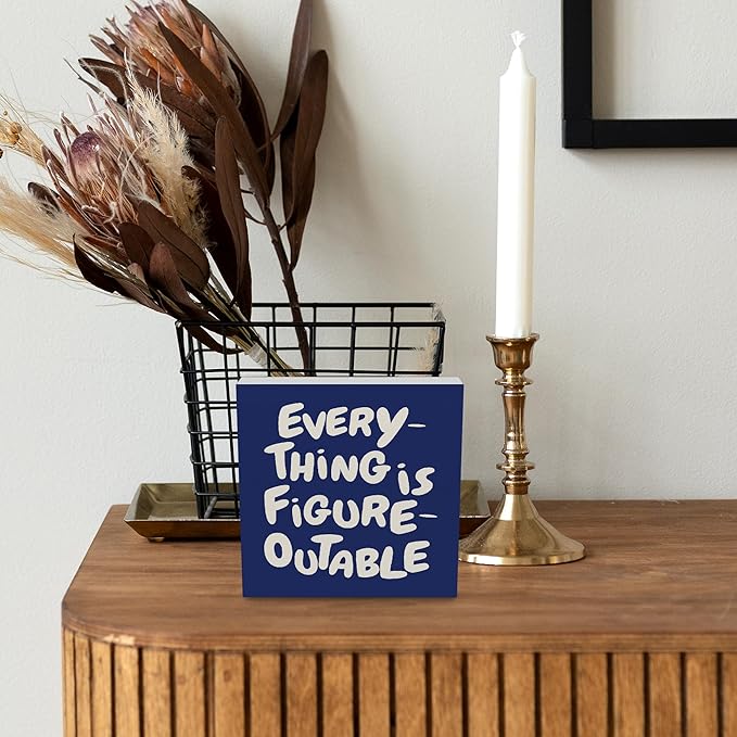 Inspirational Navy Blue Office Decor, Every Thing is Figure Outable Motivational Office Accessories Wooden Box Sign, Inspirational Gifts for Women, Men Wall Desk Shelf Tabletop Decoration 5x5In