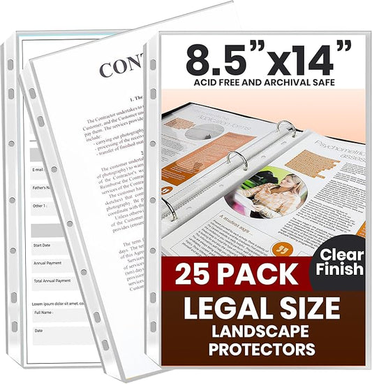 Performore 25 Pack of 8.5x14 Legal Size Heavyweight Long Clear Sheet Protectors, Plastic Legal Paper Sleeves, Clear Archival Quality for Binders Documents