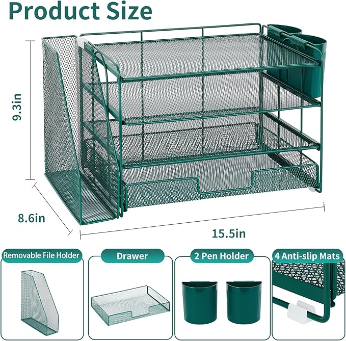 OPNICE Desk Organizer and Accessories, 4-Tier Desktop File Organizer with Drawer and 2 Pen Holders, Office Desk Accessories, File Sorters, Workspace Organizers for Office Supplies(Dark Green)
