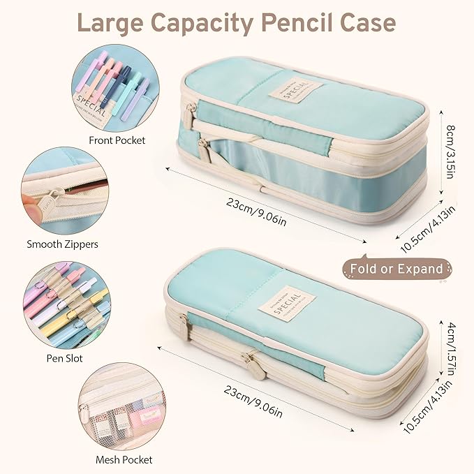 DazSirit 62 PCS Aesthetic School Supplies with Foldable Pencil Case, 12 Pastel Highlighters, 4 Erasable Pens, 5 Gel Pens, 6 Mechanical Pencils, Sticky Notes, Complete Stationery Kit for Girls, Blue