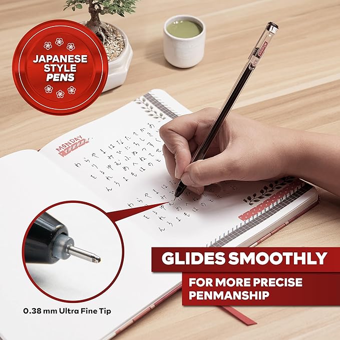 XFasten Extra Fine Point Pens 0.38mm 24-Pack Japanese-Style Fine Tip Gel Ink Ballpoint Pen Black, Smooth Ink Flow, Smudge-Free, Quick-Drying, No Smear for Journaling, Note-Taking, Office, and School