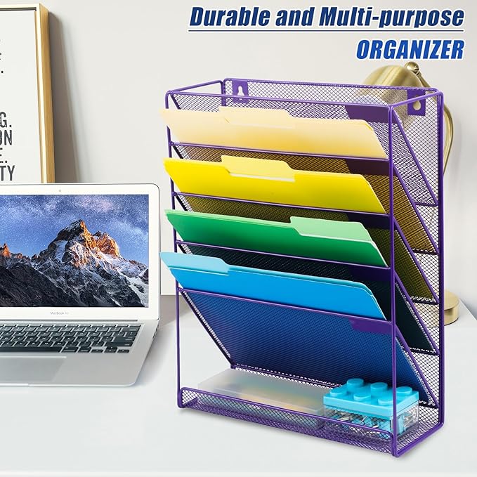 EASEPRES Desk File Organizer Mesh 6-Tier, Hanging Wall Mount Document Organization Stand, Desktop Vertical Mail Paper Folder Holder Rack with Bottom Tray for Office Home Cubicle Countertop, Purple