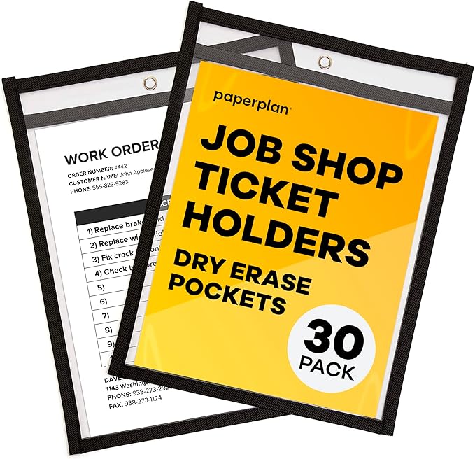 Job Ticket Holders 9x12 - (30 Pack), 8.5 x 11 Letter Size, Dry Erase Pockets, Clear & Black Plastic Sleeves - Reusable, Water-Resistant