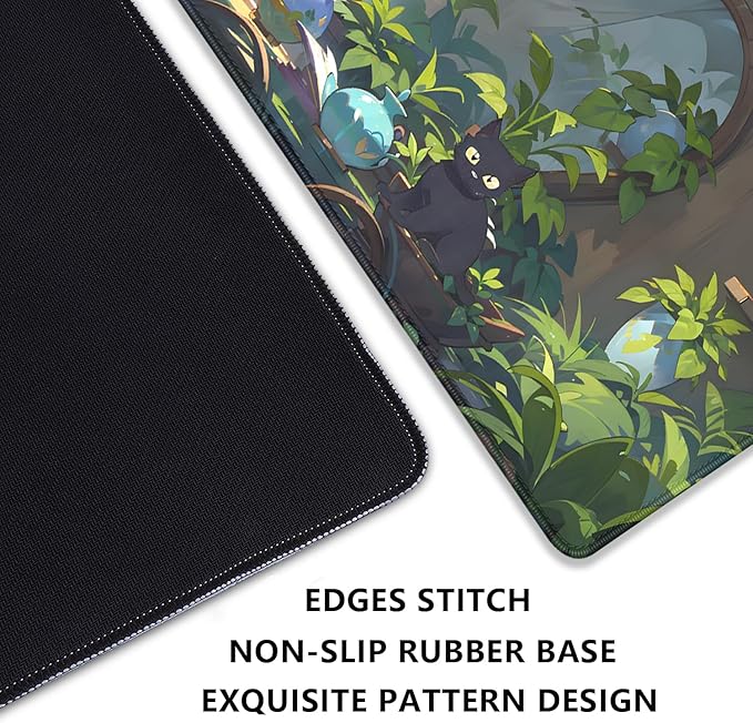 Lofi Cat Mouse Pad Green Plant Desk Pad,Black Cat Extended Gaming Mouse Mat with Stitched Edges Non-Slip Waterproof Rubber Base Mous Mat for Office,Computer,Keyboard,Laptop,Home Desk Pad(27.5X11.8 in)