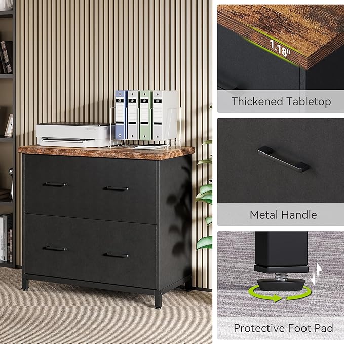 LITTLE TREE 2 Drawer File Cabinet for Home Office, 30.7-Inch Lateral Office Cabinet for A4 and Letter Size Files, Printer Stand, Storage Cabinet Organizer, Rustic Brown + Black