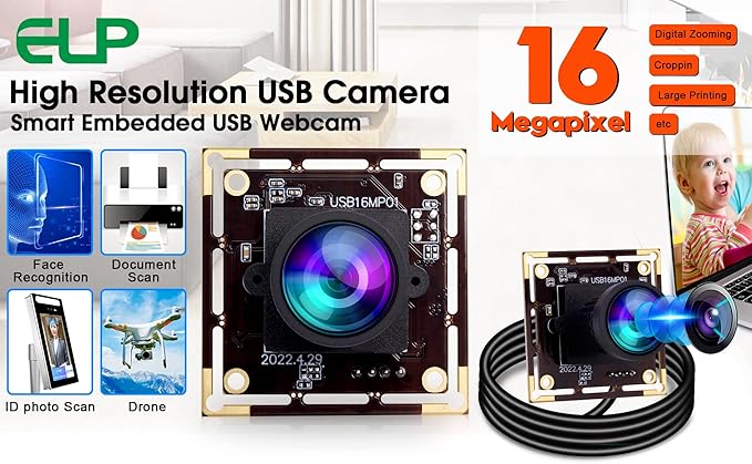 ELP 16MP Wide Angle USB Camera Module for Raspberry Pi and Computer 4K Mini UVC USB2.0 Video Webcam Board with 118degree No Distortion Lens IMX298 Industrial PC Lightburn Camera for Laptop,Jetson Nano