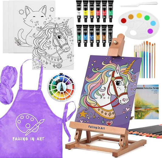 Falling in Art 46 Pcs Acrylic Paint Set with Table Easel, Art Painting Kit with Acrylic Paints, Canvas Panels, Paintbrushes, Canvas Supplies Kit for Kids, Adults, Beginners, and Artists, Purple