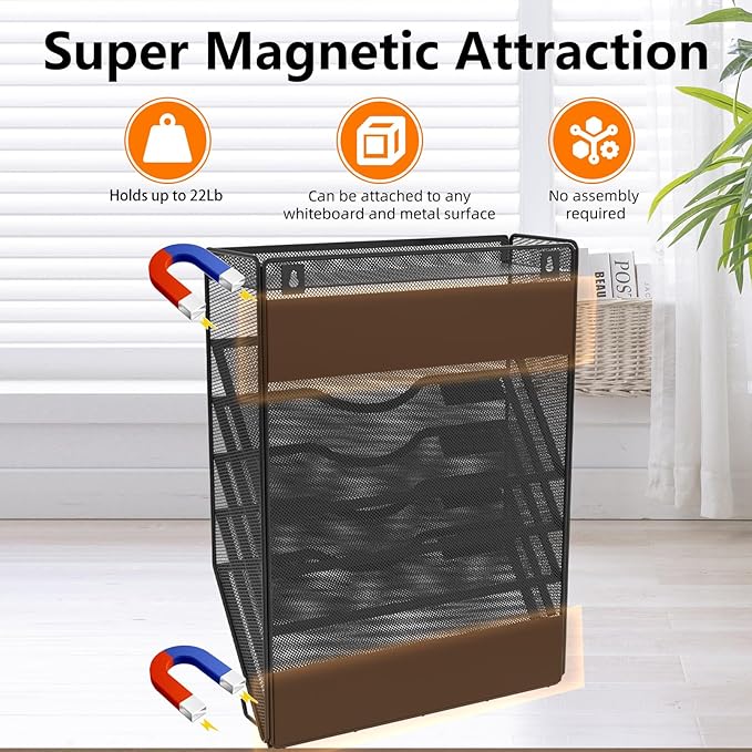 6 Tier Magnetic File Holder with Hook, Magnetic File Organizer Folder Holder, Wall File Organizer, Hanging Magnetic Paper Holder for File Cabinets, Office, Whiteboard, Magnetic Mail Holder