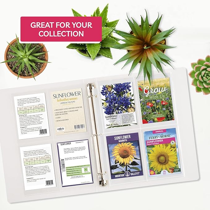 Seed Storage Organizer (50 Sheets, 3.5 x 5 Pockets) - Garden Seed Packet Organizer with 4 Pocket Sheet Protectors for 3 Ring Binders