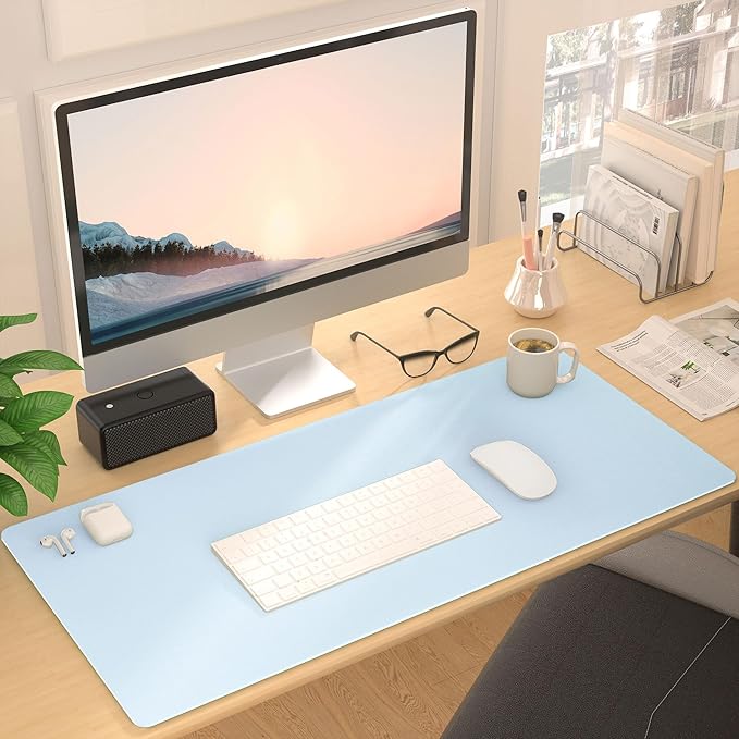 Leather Desk Pad Protector, Mouse Pad, Non-Slip Computer Mat for Desk, PU Leather Office Desk Mat for Home & Office, Waterproof Laptop Desk Blotter for Keyboard and Mouse, Baby Blue (15.7''X31.5'')