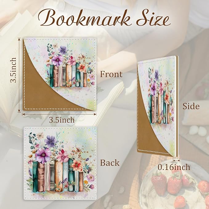 Floral Book Corner - Cute Leather Bookmarks, 3 Pcs Reading Page Markers - Gifts for Women, Men, Students and Teachers