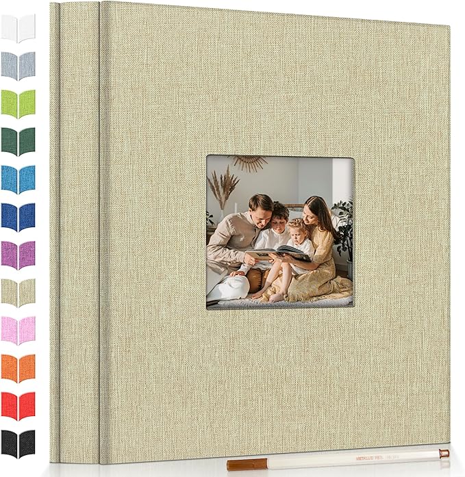 Photo Album Self Adhesive Scrapbook Album for 3x5 4x6 5x7 8x10 Pictures,120 Pages Linen Cover with Display Window DIY Photo Book,Ideal Gifts for Family Travel Wedding Baby