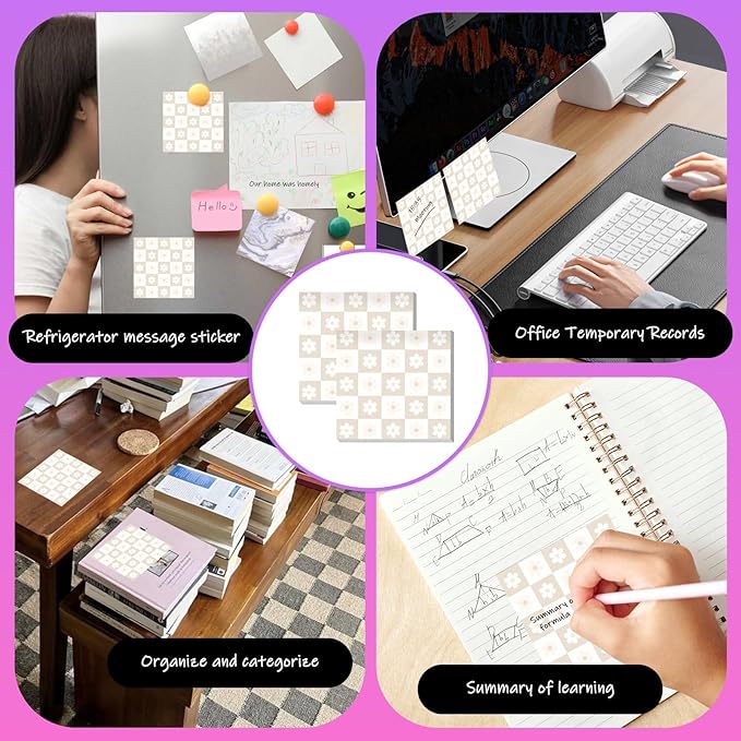 Sticky Notes 3x3 Inches, 2 Pads Cute Colorful Self-Stick Note Pads, Easy to Post for Home, Office and Daily Life Organization Cute Chedkerboard Flowers