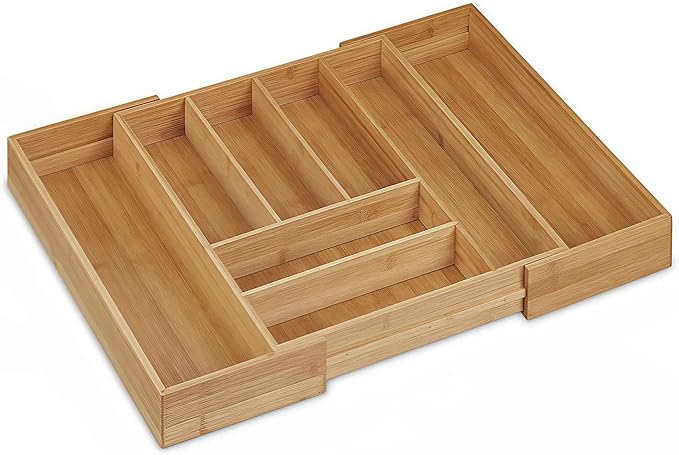 Bamboo Drawer Organizer - Expandable Kitchen Utensil Holder, Adjustable Silverware Drawer Organization, Kitchen Wooden Tray for Cutlery, Flatware & Stationery, 6-8 Slots (Natural)