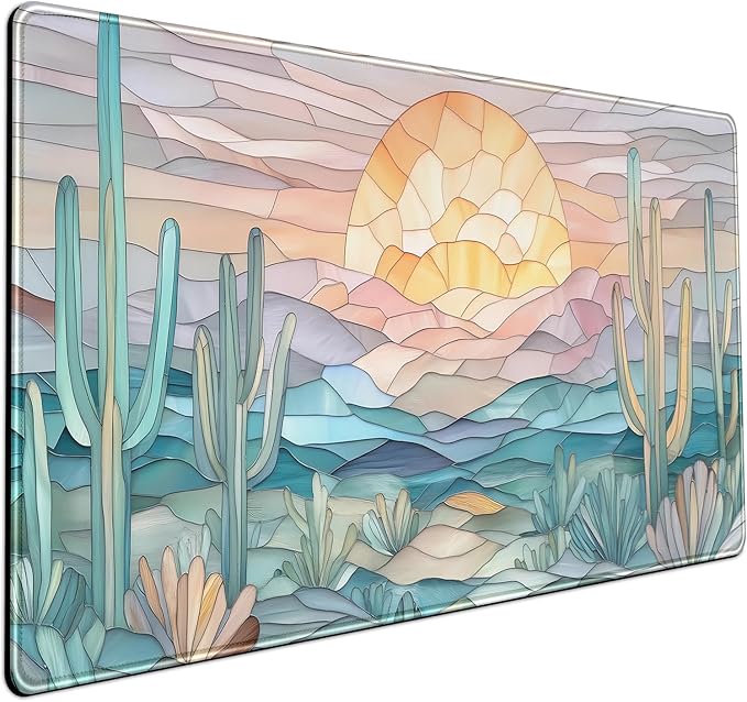 Desk Mat Gaming Abstract Ocean Desk Pad Large Mouse and Keyboard Pad, Faux Stained Glass Sun & Waves Mouse Mat XXL Desk Protector, Computer Mats for Desktop Sun & Waves Office Decor 31.5" X 15.7"