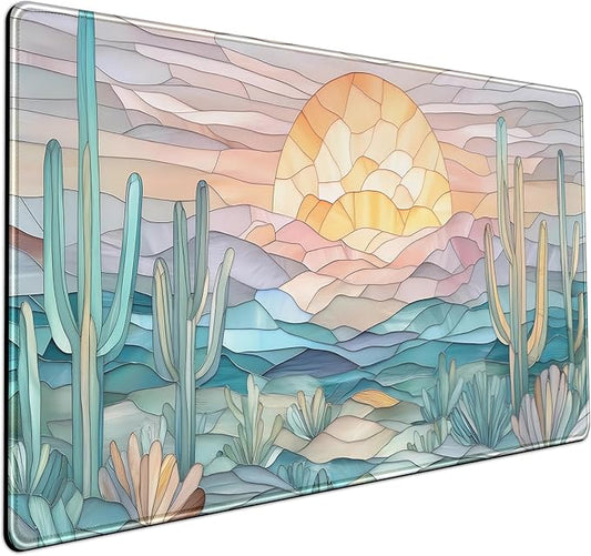 Desk Mat Gaming Abstract Ocean Desk Pad Large Mouse and Keyboard Pad, Faux Stained Glass Sun & Waves Mouse Mat XXL Desk Protector, Computer Mats for Desktop Sun & Waves Office Decor 31.5" X 15.7"