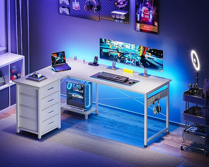 Casaottima L Shaped Desk with 4 Tier Drawers, 53" Gaming Desk with Power Outlets & USB, Reversible L-Shaped Computer Desk with CPU Stand, Home Office Corner Desk with Storage, Easy Assemble, White