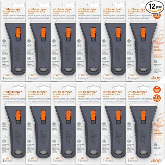 Slice 10591-CS Manual Utility Scraper, Locking Ceramic Blade, Rust Free, Finger Friendly, Soft-Touch Comfort Grips Reduce Strain, 12 Pack, Regular - Manual (Locks in Position) (10591-12)