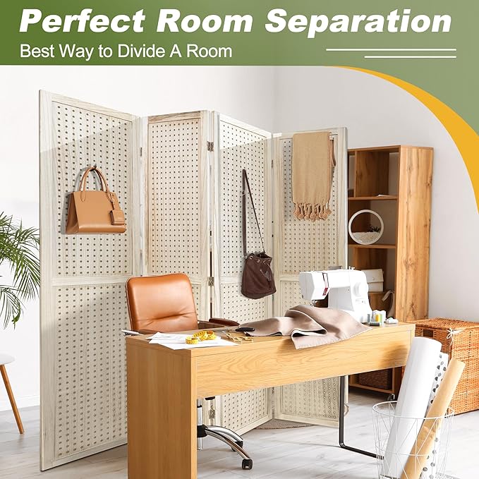 NicBex Room Divider 4 Panel Pegboard Display 5.6FT Wood PegBoard Room Dividers, Folding Privacy Screens Portable Display Board Wall Divider for Craft/Art Shows, Room Separation, Natural Wood