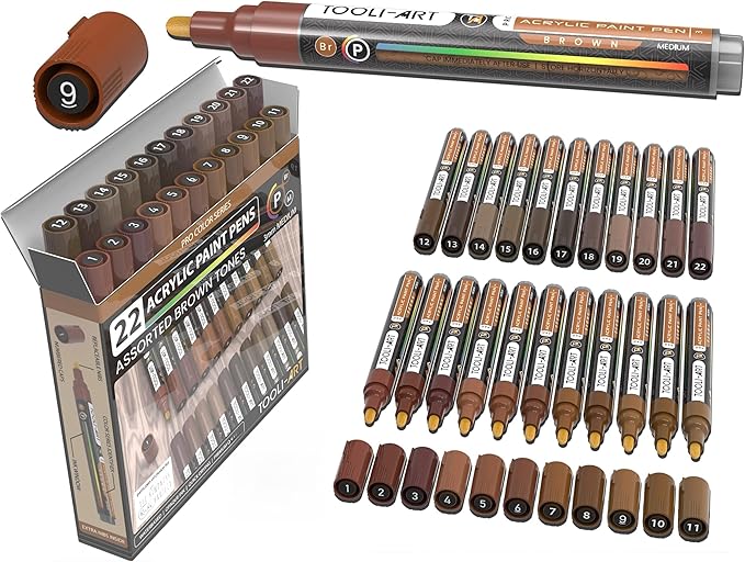 TOOLI-ART 22 Acrylic Paint Markers Pens Pro Color Series Set 3mm Medium Tip for Rock Painting, Glass, Mugs, Wood, Metal, Glass, Canvas, DIY. Non Toxic, Waterbased, Quick Drying (BROWN)