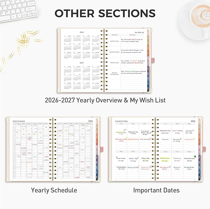 RETTACY 2026 Planner, Weekly and Monthly, Medium Size (5.7" x 8.3"), Jan - Dec 2026, Agenda, Calendar, 12 Month Tabs, Hardcover, 100 GSM Thick Paper, Spiral-bound (Pink)