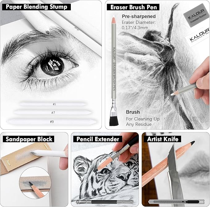 39pcs Drawing Pencil Set, Professional Sketch Pencils (5H-14B), Black and White Charcoal Pencils for Sketching, Eraser Brush Pen, Charcoal Sticks, Art Pencils Set for Artists & Beginners