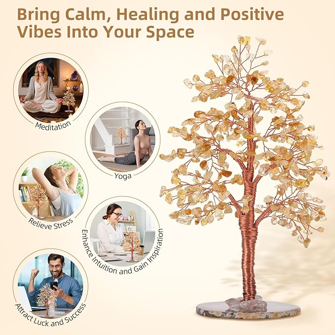 Hopeseed Citrine Chakra Crystal Tree of Life Handmade Bonsai Healing Crystals Tree for Home, Desk, Living Room, Office Decor for Positive Energy, Money, Good Luck Birthday Gift for Women, Mom, Men