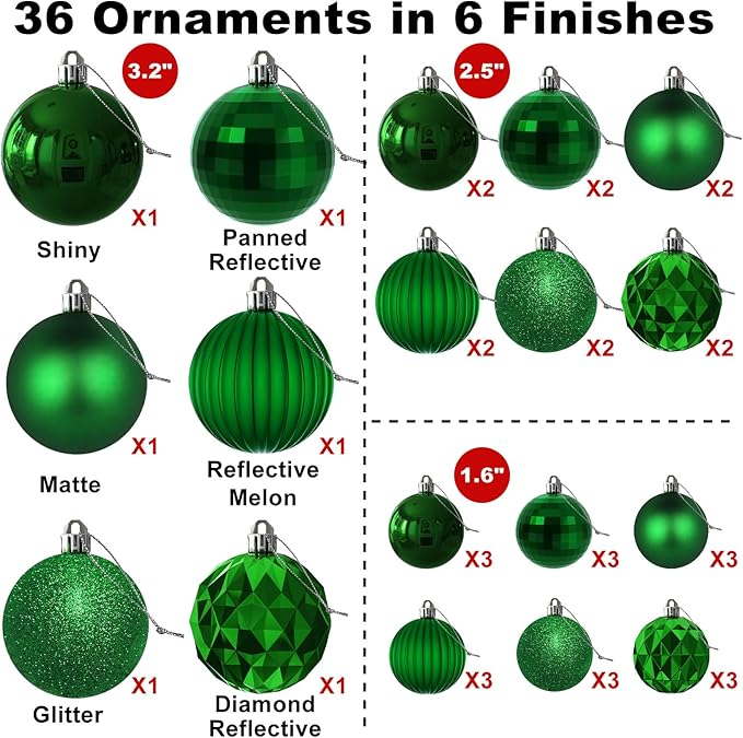 Emerald Green Christmas Ornaments - Christmas Tree Decorations Shatterproof Hanging Balls for Birthday Wedding Holiday Decor Set of 36pcs, Multi-Sizes(1.6",2.5",3.2")