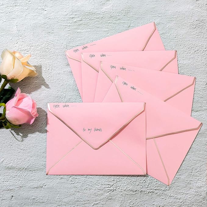 100 Pack A7 Envelopes 5 x 7 Card Envelopes V Flap with Gold Border for Office, Wedding Gift Cards, Invitations, Graduation, Baby Shower, Parties (Pink, 5.32 x 7.28 Inches)