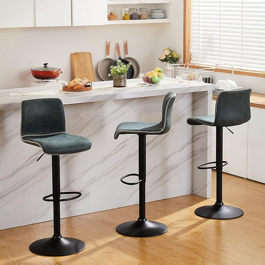 HeuGah Bar Stools Set of 3, Swivel Counter Height Barstools with Back, Adjustable Height 24" to 32", Faux Leather Bar Chairs for Kitchen Island (Deep Teal, Set of 3 (24'' to 32''))