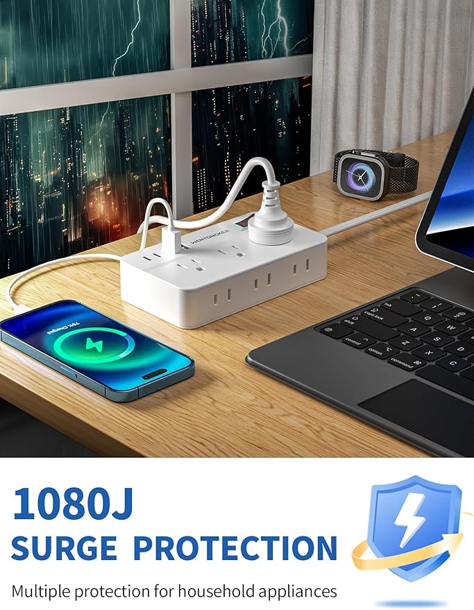 Surge Protector Power Strip - 5Ft Braided Extension Cord Flat Plug with 6 Outlets and 2 USB-A 2 USB-C Ports, 1080 Joules Wall Mounted Charging Station for Office Home ETL (5 FT)