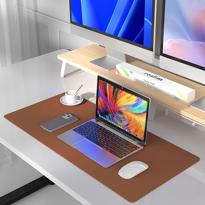 Roslim Leather Desk Pad Protector, Mouse Pad, Non-Slip Computer Mat for Desk, PU Leather Office Desk Mat for Home & Office, Waterproof Laptop Desk Blotter for Keyboard and Mouse, Brown (17''X48'')