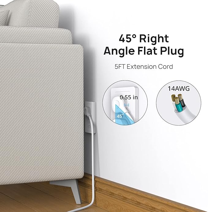 TROND Power Strip Surge Protector, 7 Widely Spaced Outlets with 2 USB A and 1 USB C, ETL Listed 1700J, Wall Mount, Flat Plug 5ft Extension Cord 14AWG Heavy Duty, for Home, Office Garage, White