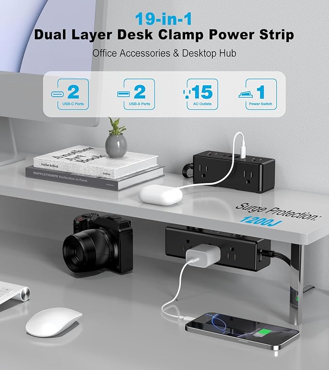 Dual Layer Desk Clamp Power Strip, Under Desk Power Strip with 4 USB Ports(2 USB-C) & 15 AC Outlets, Desk Mount Surge Protector, Ultra Thin Flat Plug & 10FT Power Cord for Office Home(ETL Listed)