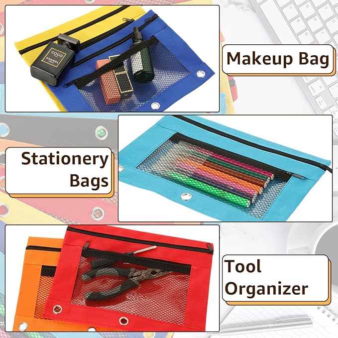 SHUESS 24 Pack Pencil Pouch for 3 Ring Binder, Bulk 3 Holes Zipper Pencil Pouches in 6 Assorted Colors, Durable Binder Pencil Pouch/Bag for Office Supplies