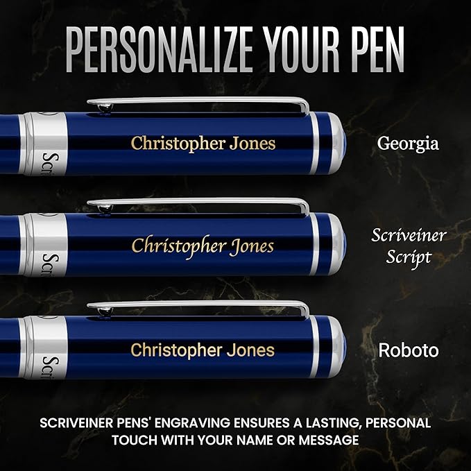 Scriveiner Personalized Midnight Blue Pen - Stunning Blue Lacquer Luxury Pen, Chrome Finish, Schmidt Ink Refill, Best Engraved Roller Ball Gift Set for Men & Women, Custom Name Engraving