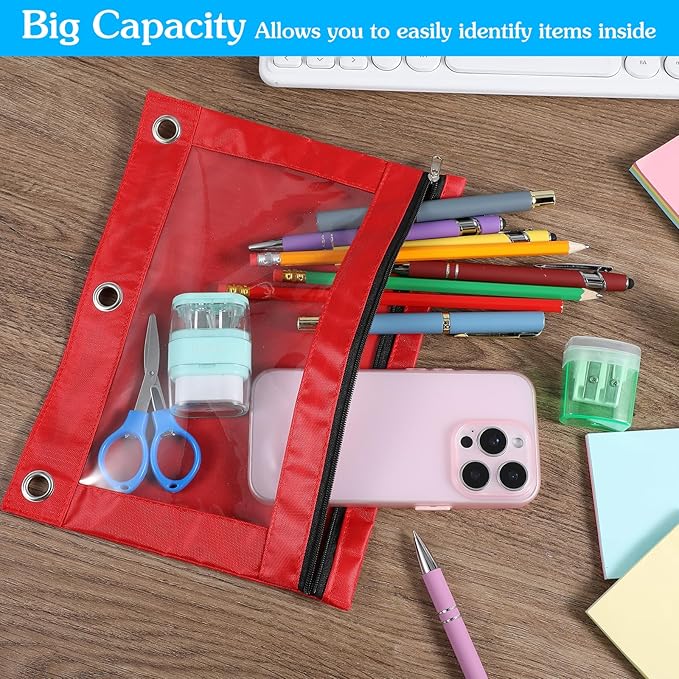 24 Pack Pencil Pouch for 3-Rings Binder, 3-Holes Zipper Pencil Pouches in Assorted Colors, Sturdy and Resuable Cloth Holder with Clear Window for Office Supplies