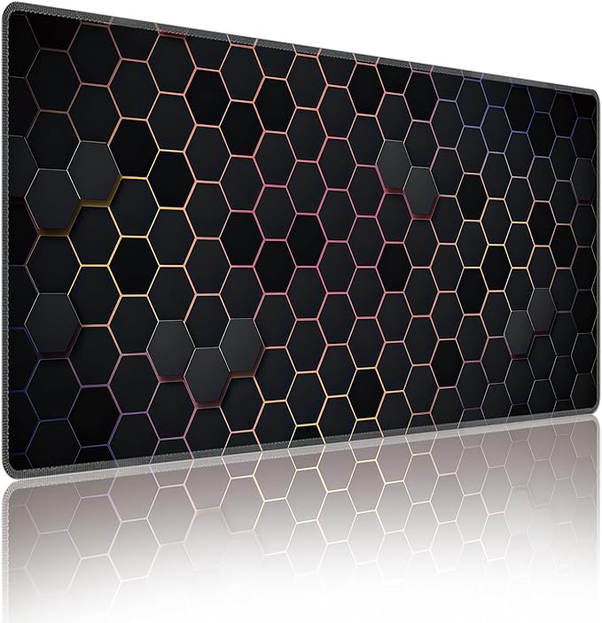 Hexagon Honeycomb Colorful Large Mouse Pad, Gaming Desk Mat, XXL Extended Keyboard Desk Pad, 35.4"x15.7" Non-Slip Rubber Base Big Mousepad with Stitched Edges for Home and Office