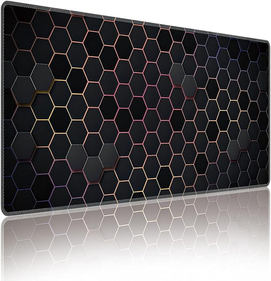 Hexagon Honeycomb Colorful Large Mouse Pad, Gaming Desk Mat, XXL Extended Keyboard Desk Pad, 35.4"x15.7" Non-Slip Rubber Base Big Mousepad with Stitched Edges for Home and Office