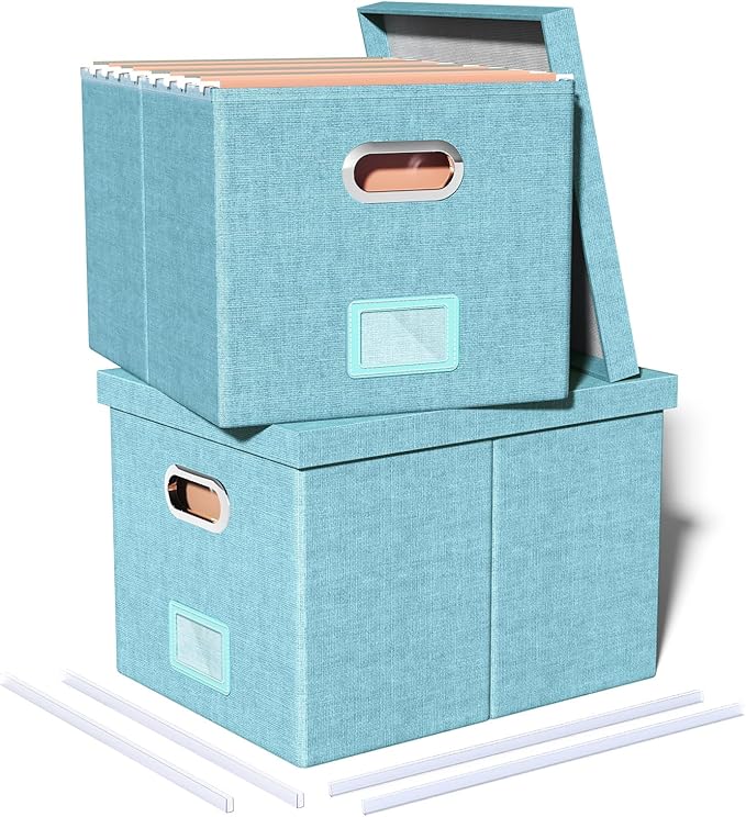 2 Pack File Storage Organizer - Portable Filing Box with Lid, Fits Letter/Legal File Folders, Light-blue