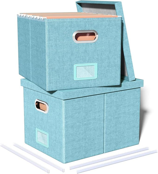 2 Pack File Storage Organizer - Portable Filing Box with Lid, Fits Letter/Legal File Folders, Light-blue