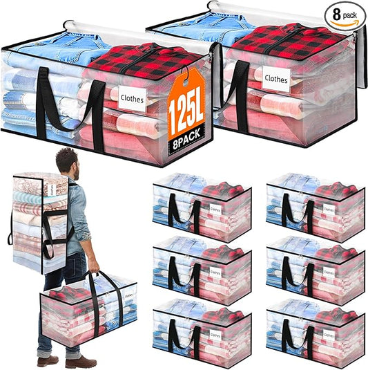 BlissTotes 8-Pack Large Moving Bags with Backpack Straps & Strong Zippers, Heavy-Duty Storage Bags Moving Boxes for Space Saving, Dorms, Transport, 125L-30 Gallons, Clear