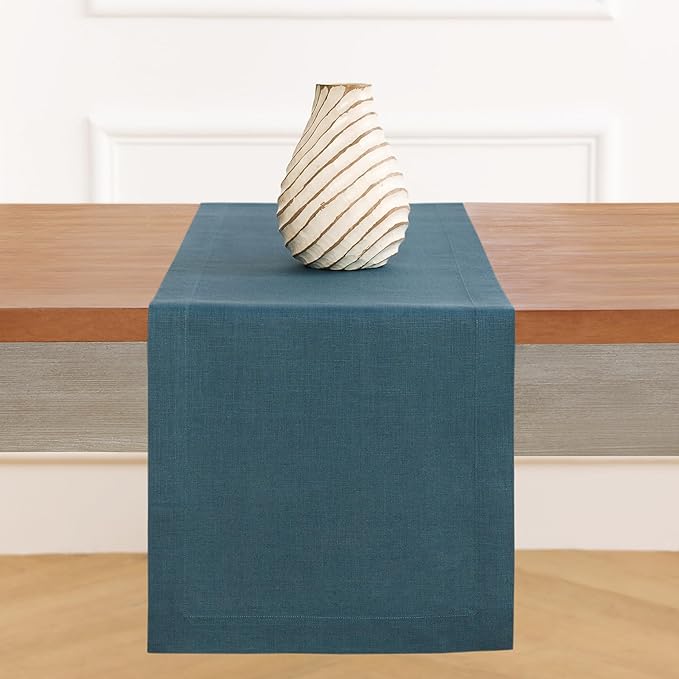 Solino Home Linen Table Runner 108 Inches Long - 100% Pure Linen Peacock Blue Table Runner 14 x 108 Inch - Fete