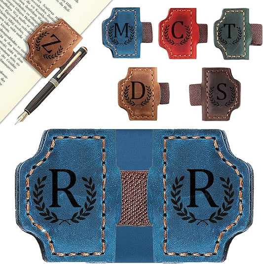 Bygone Mark Bookmark with Pen Holder, 26 Letters Name Initial Personalized Magnetic Bookmarks, Leather Book Mark for Men Women, Travelers Accessories, Teachers Readers Book Lovers Gifts (Blue, R)